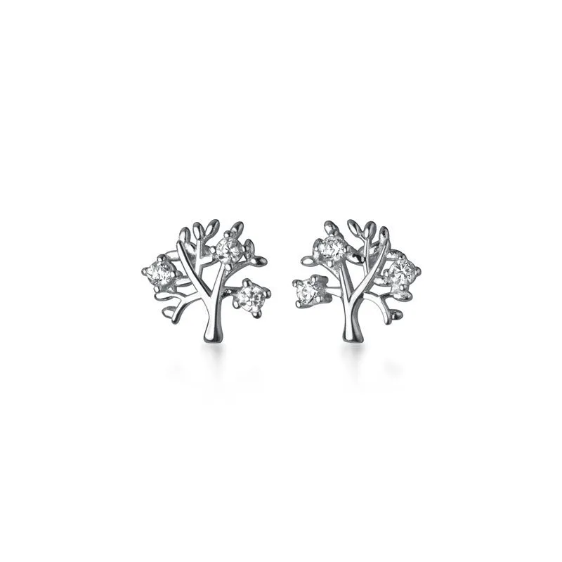 White gold coloured copper stud earrings with cute little tree design electroplated finish for women