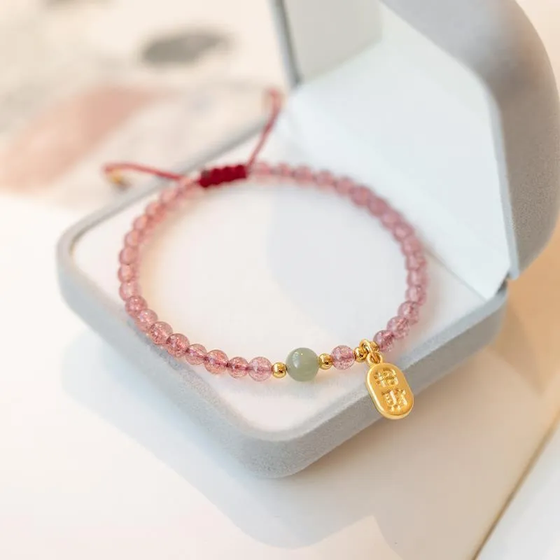 Red rope bracelet with strawberry quartz and garnet beads, hand-woven adjustable design