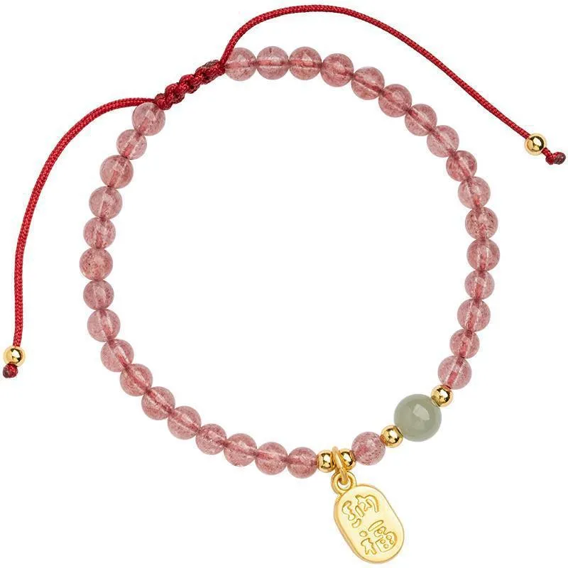Red rope bracelet with strawberry quartz and garnet beads, hand-woven adjustable design