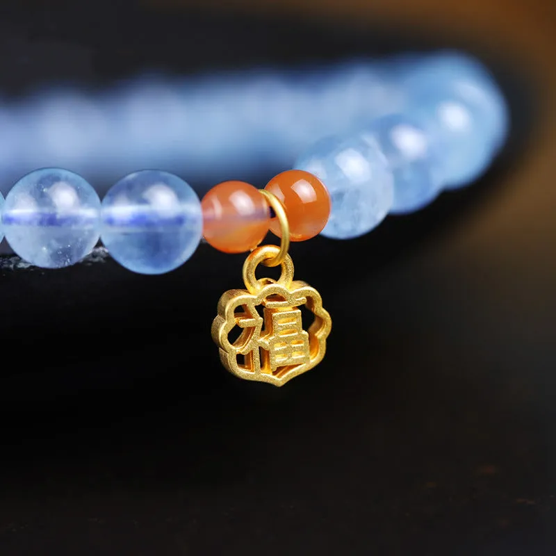 Women's ice translucent aquamarine crystal bracelet with 8mm round beads and blessing card detail