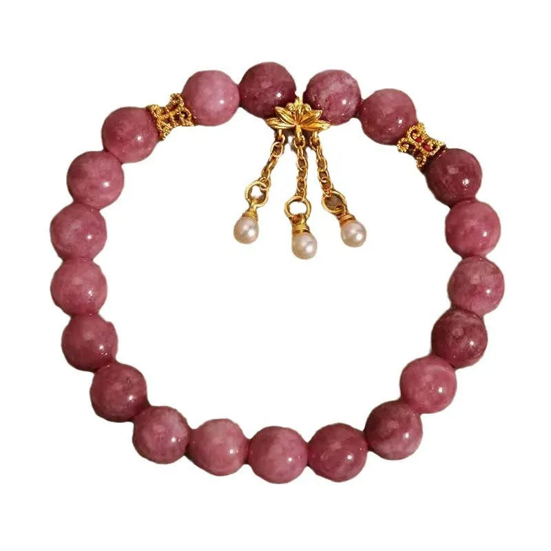 Natural stone bracelet with lotus flower tassel and pearl pendant in pink lotus and crystal beads