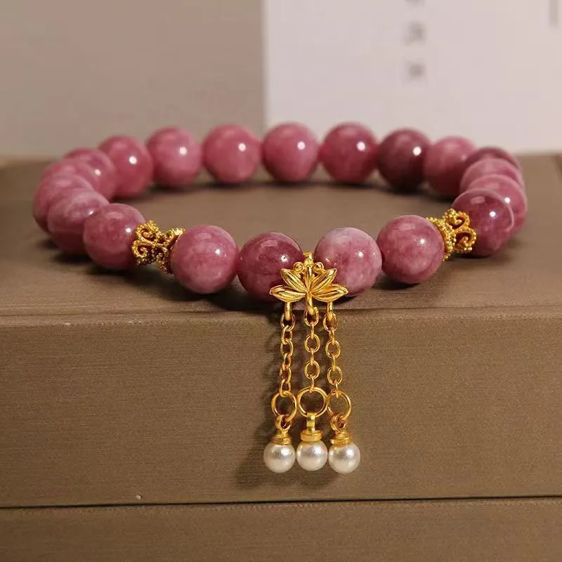 Natural stone bracelet with lotus flower tassel and pearl pendant in pink lotus and crystal beads