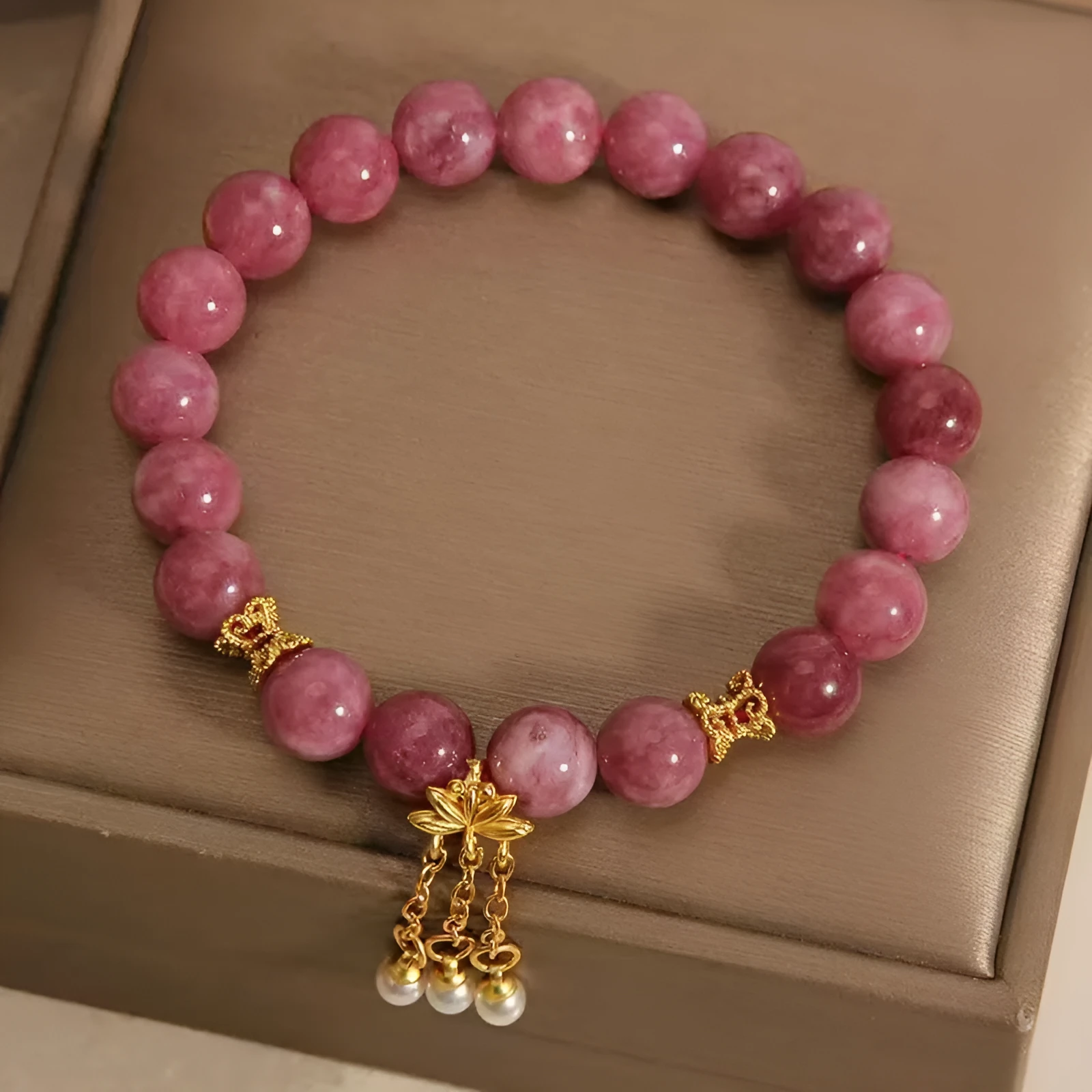 Natural stone bracelet with lotus flower tassel and pearl pendant in pink lotus and crystal beads