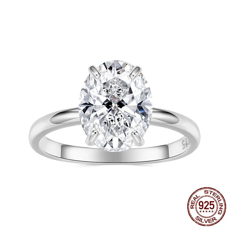 35 karat oval cut zircon engagement ring in silver finish with electroplated surface, women's geometric ring