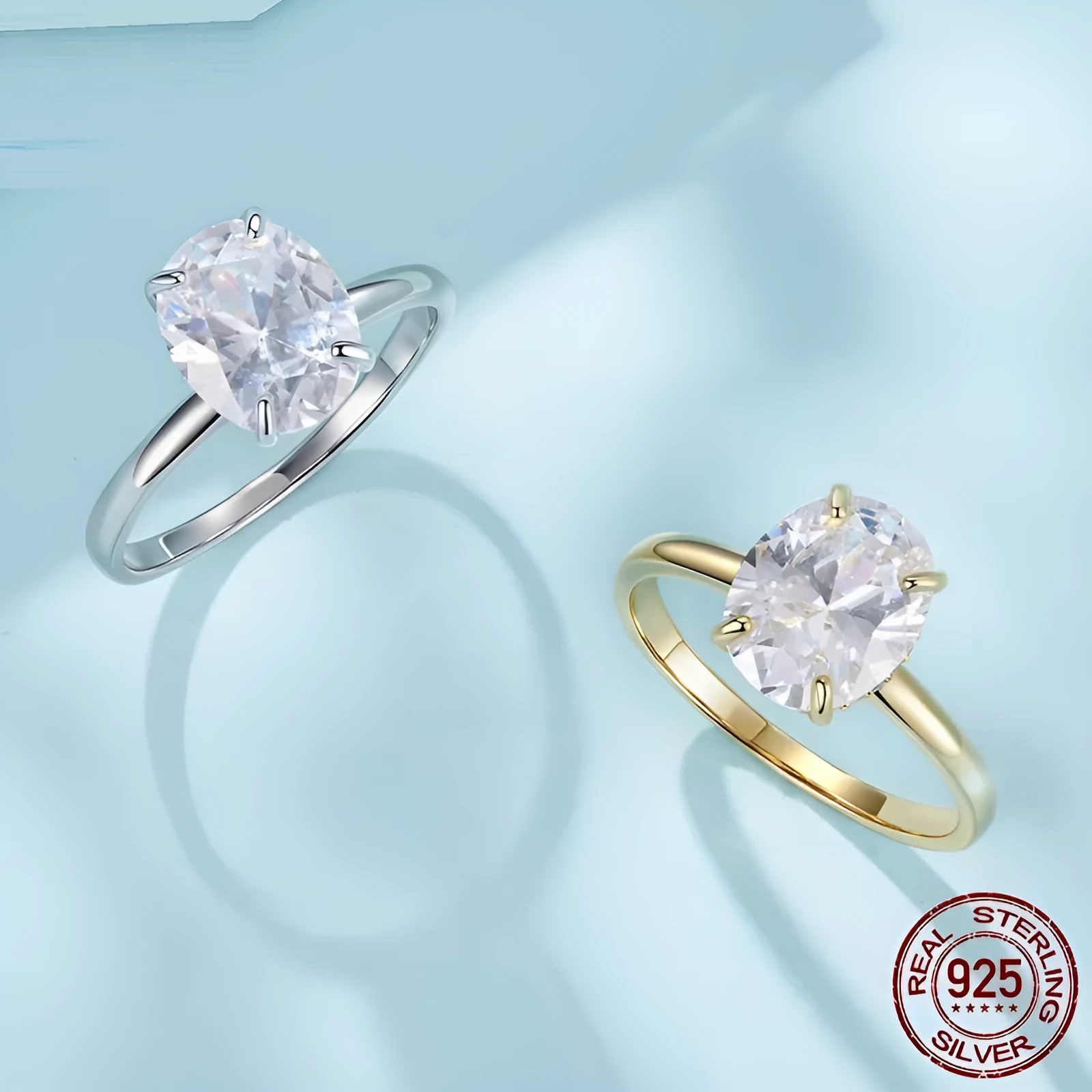 35 karat oval cut zircon engagement ring in silver finish with electroplated surface, women's geometric ring