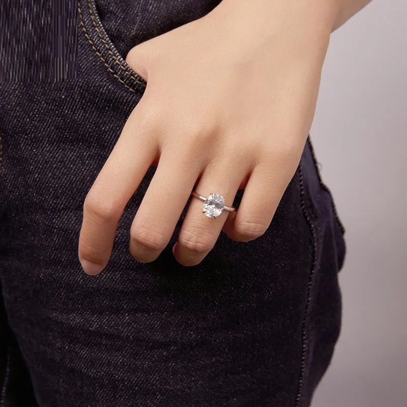 35 karat oval cut zircon engagement ring in silver finish with electroplated surface, women's geometric ring