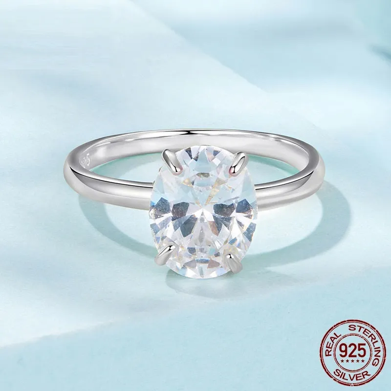 35 karat oval cut zircon engagement ring in silver finish with electroplated surface, women's geometric ring