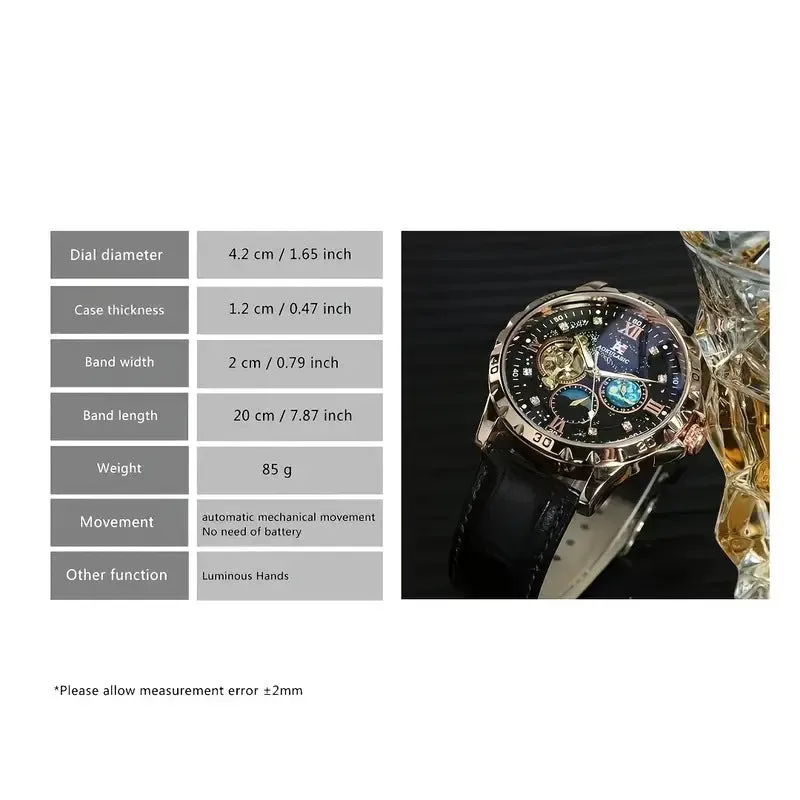 Men's black and rose gold automatic mechanical watch with large dial and leather strap.