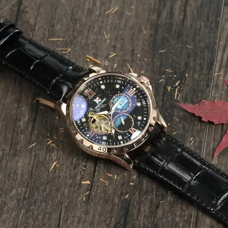 Men's black and rose gold automatic mechanical watch with large dial and leather strap.