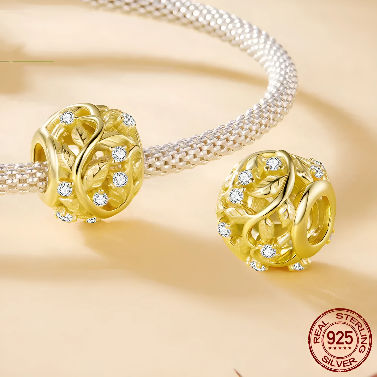 S925 sterling silver plated 14k golden leaf bead with 0.45cm aperture on white background