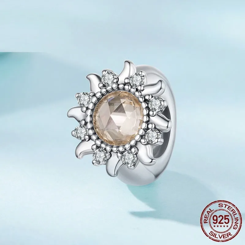 S925 sterling silver sunflower silicone positioning spacer bead on white background, 0.9cm size, SCC3163