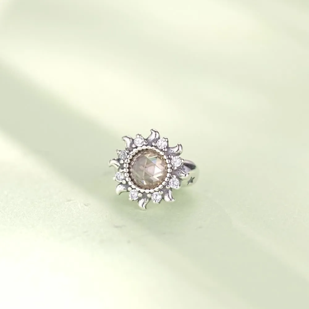 S925 sterling silver sunflower silicone positioning spacer bead on white background, 0.9cm size, SCC3163