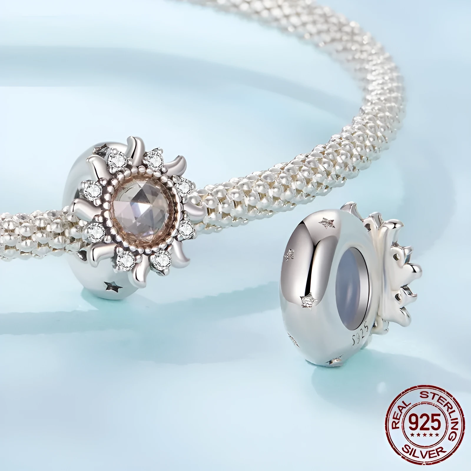 S925 sterling silver sunflower silicone positioning spacer bead on white background, 0.9cm size, SCC3163