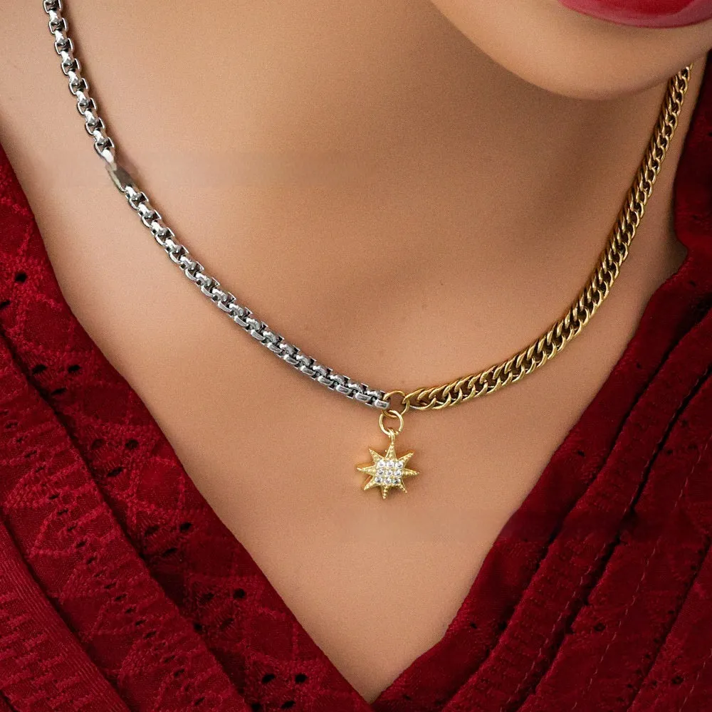 Gold dual-color patchwork pendant necklace on titanium steel chain, high polished finish