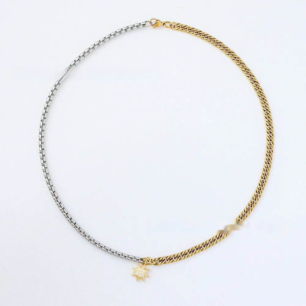 Gold dual-color patchwork pendant necklace on titanium steel chain, high polished finish