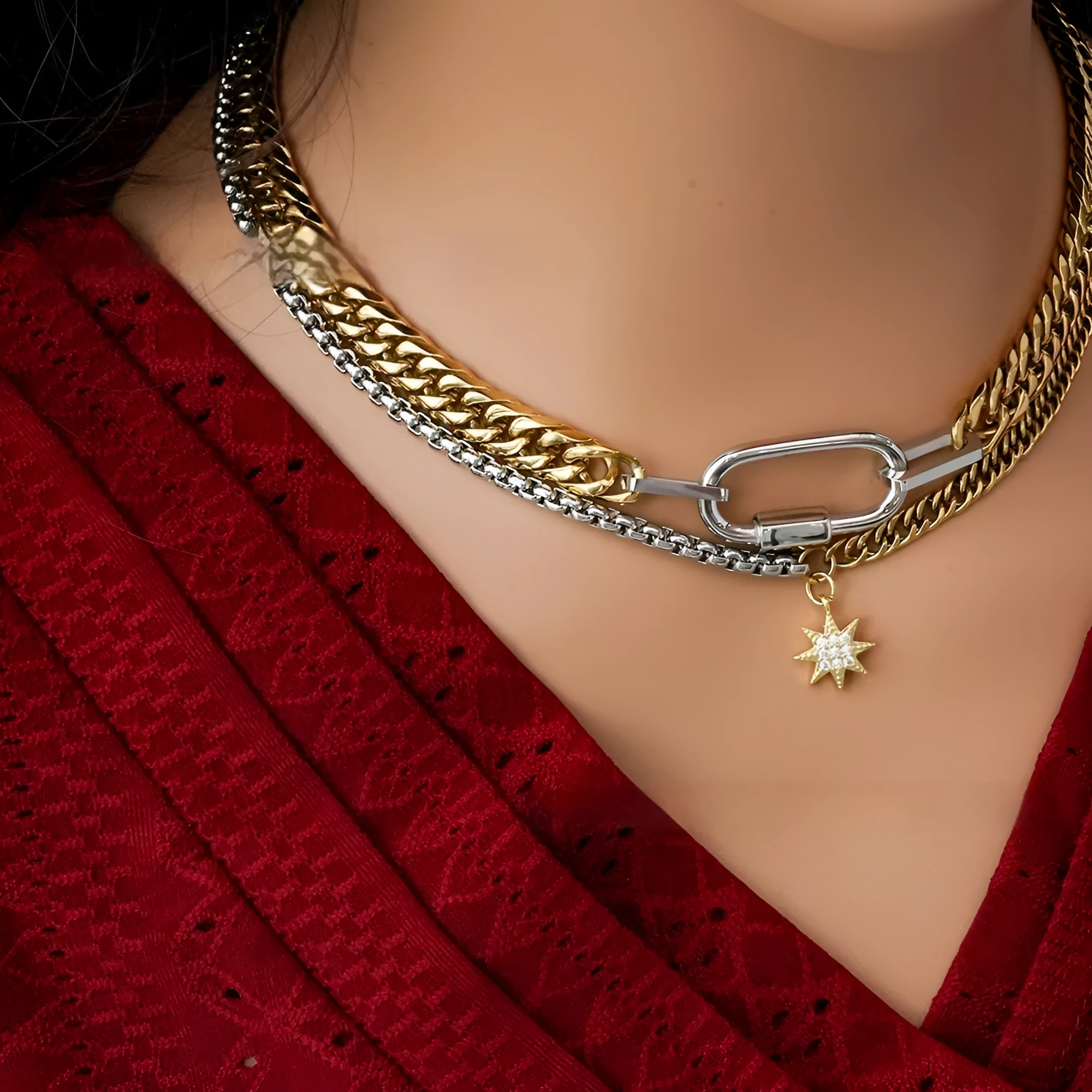 Gold dual-color patchwork pendant necklace on titanium steel chain, high polished finish