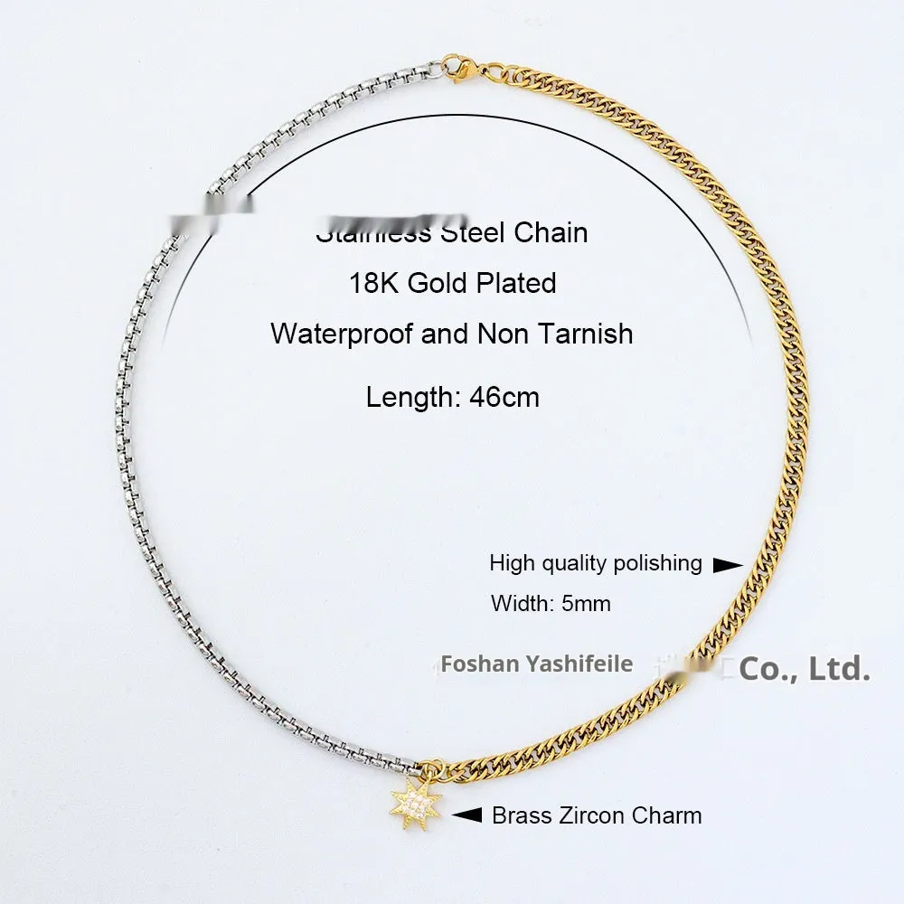 Gold dual-color patchwork pendant necklace on titanium steel chain, high polished finish