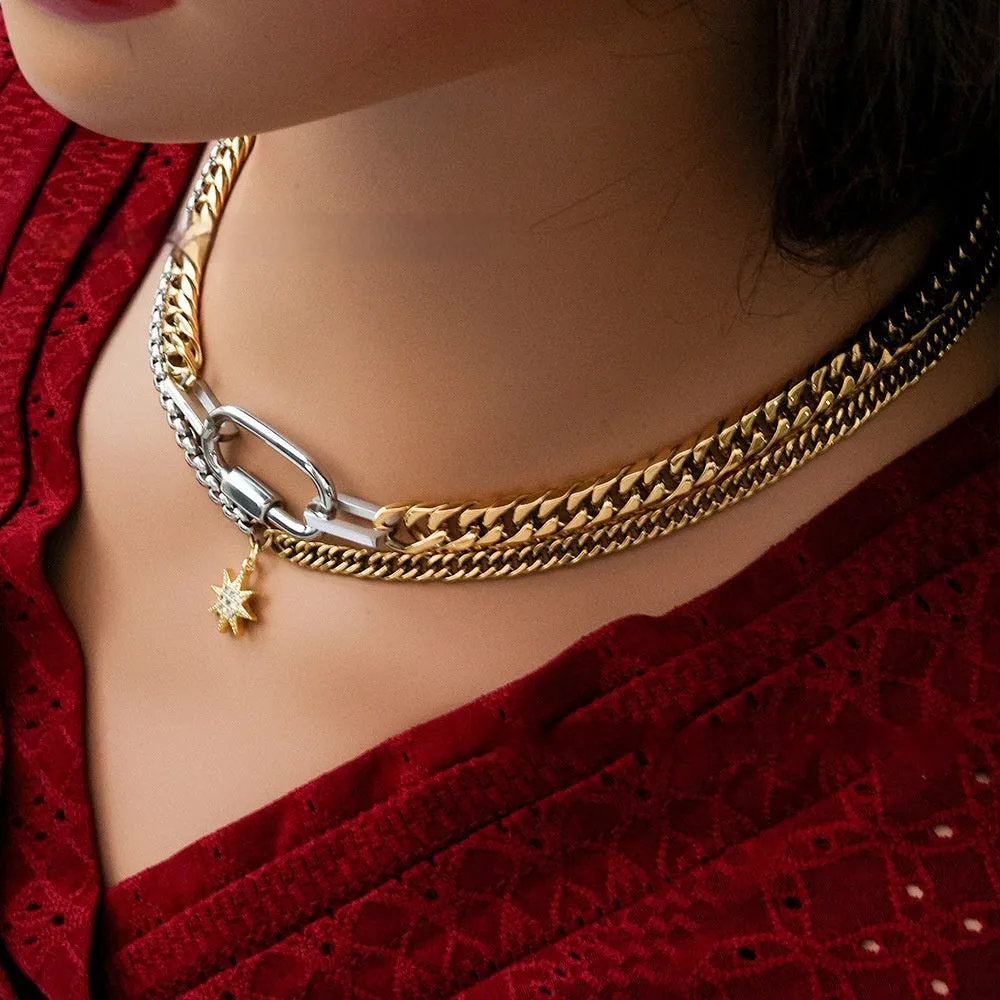 Gold dual-color patchwork pendant necklace on titanium steel chain, high polished finish