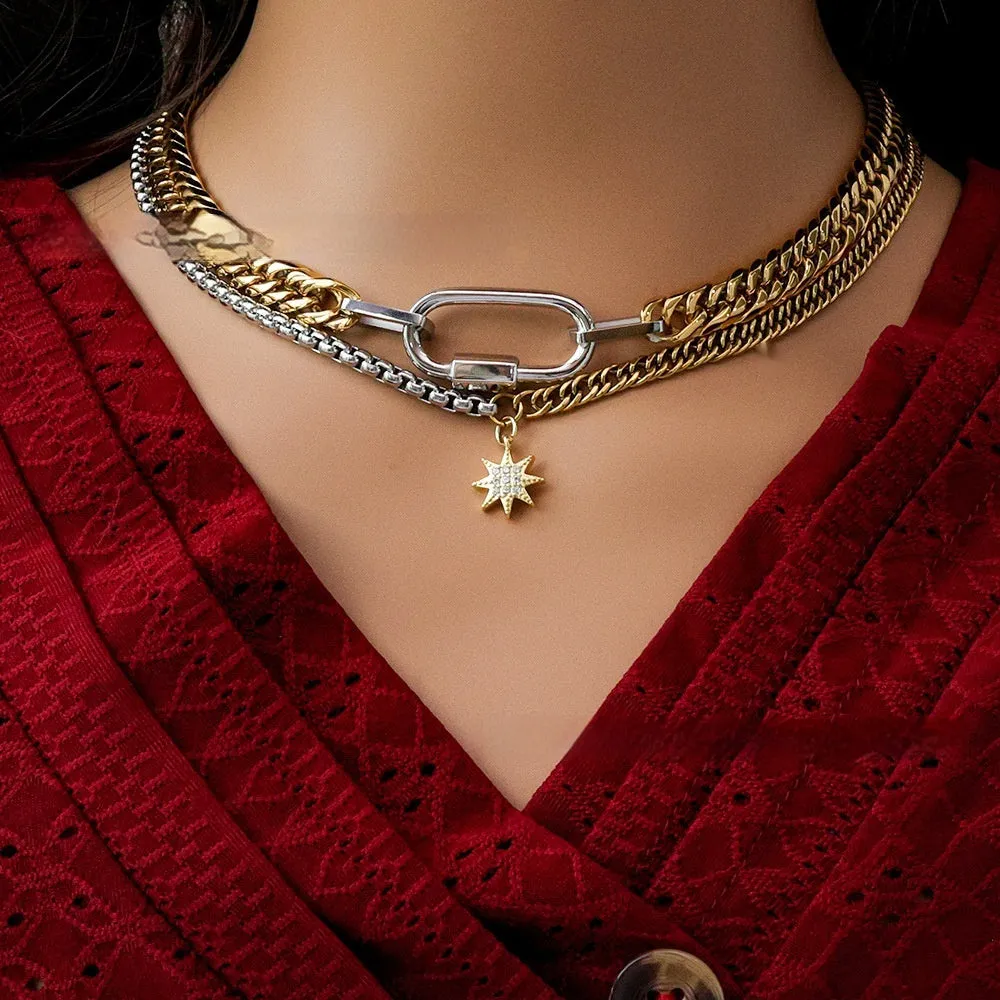 Gold dual-color patchwork pendant necklace on titanium steel chain, high polished finish