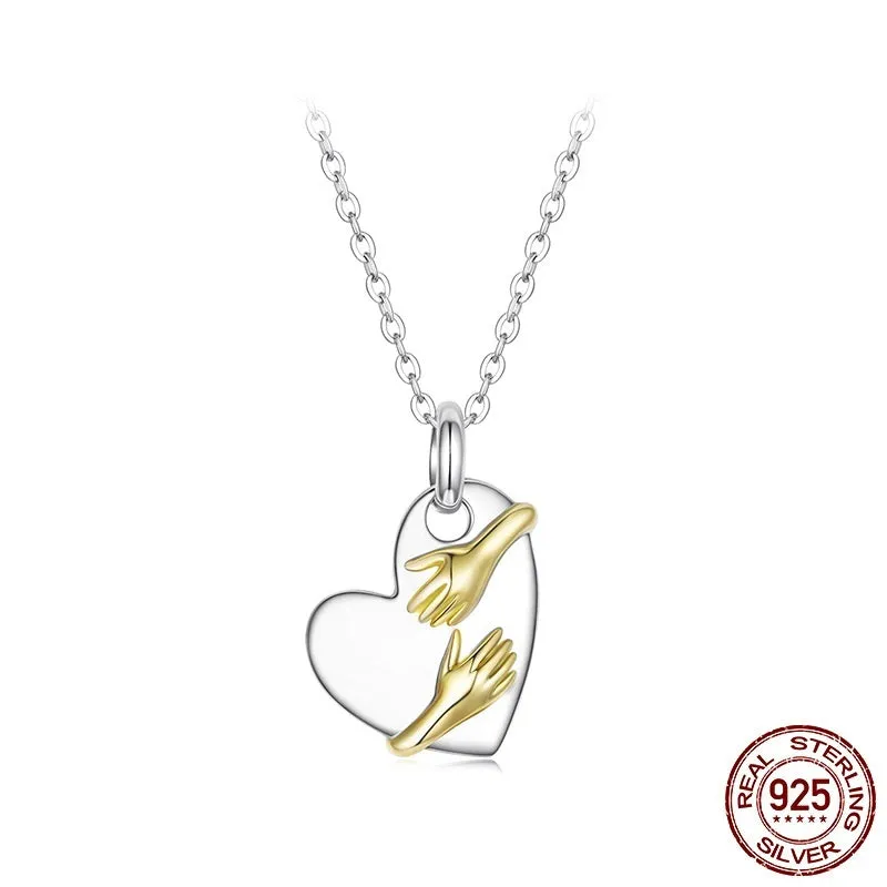Original Hug Love 925 sterling silver heart necklace with adjustable O-ring chain on white background