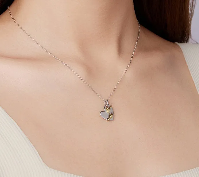 Original Hug Love 925 sterling silver heart necklace with adjustable O-ring chain on white background