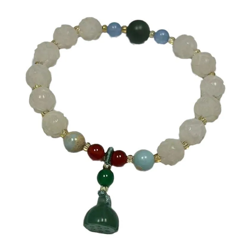 Carved bodhi root and white jade pumpkin lotus beads bracelet with cat's paw pendant.
