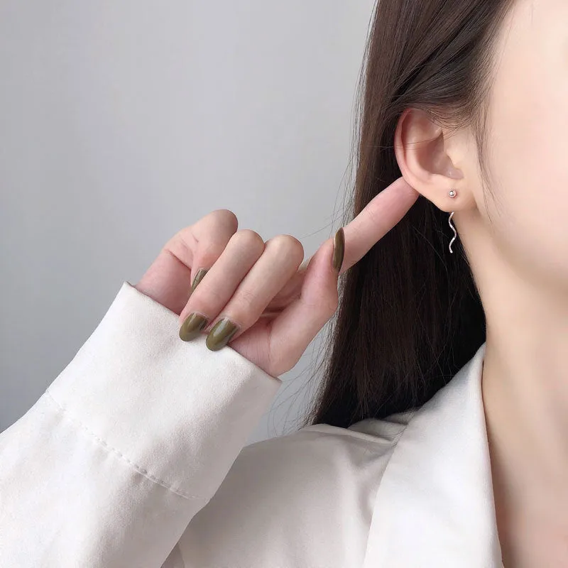 Niche Design S925 silver wavy ball hanging earrings with natural wave shape and round beads