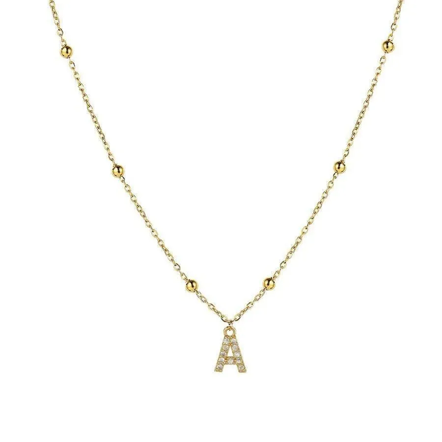 Light luxury copper micro zircon inlaid letter pendant necklace on O-ring chain, unisex, electroplated finish