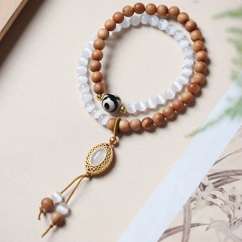 Retro mixed material bracelet with sandalwood opal double ring and Tibetan beads