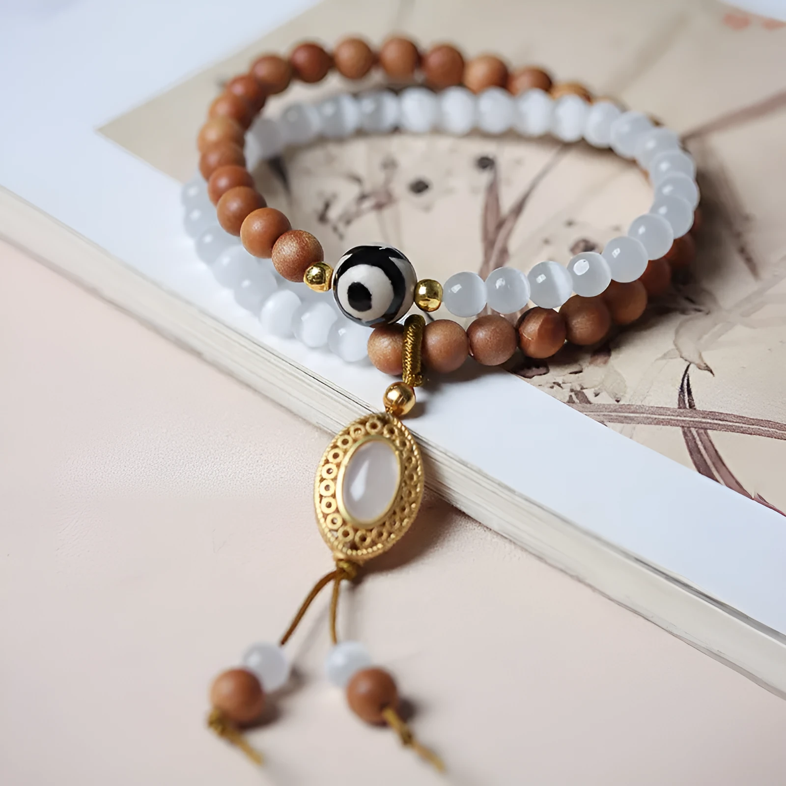 Retro mixed material bracelet with sandalwood opal double ring and Tibetan beads
