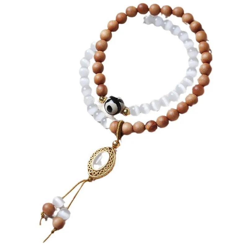 Retro mixed material bracelet with sandalwood opal double ring and Tibetan beads