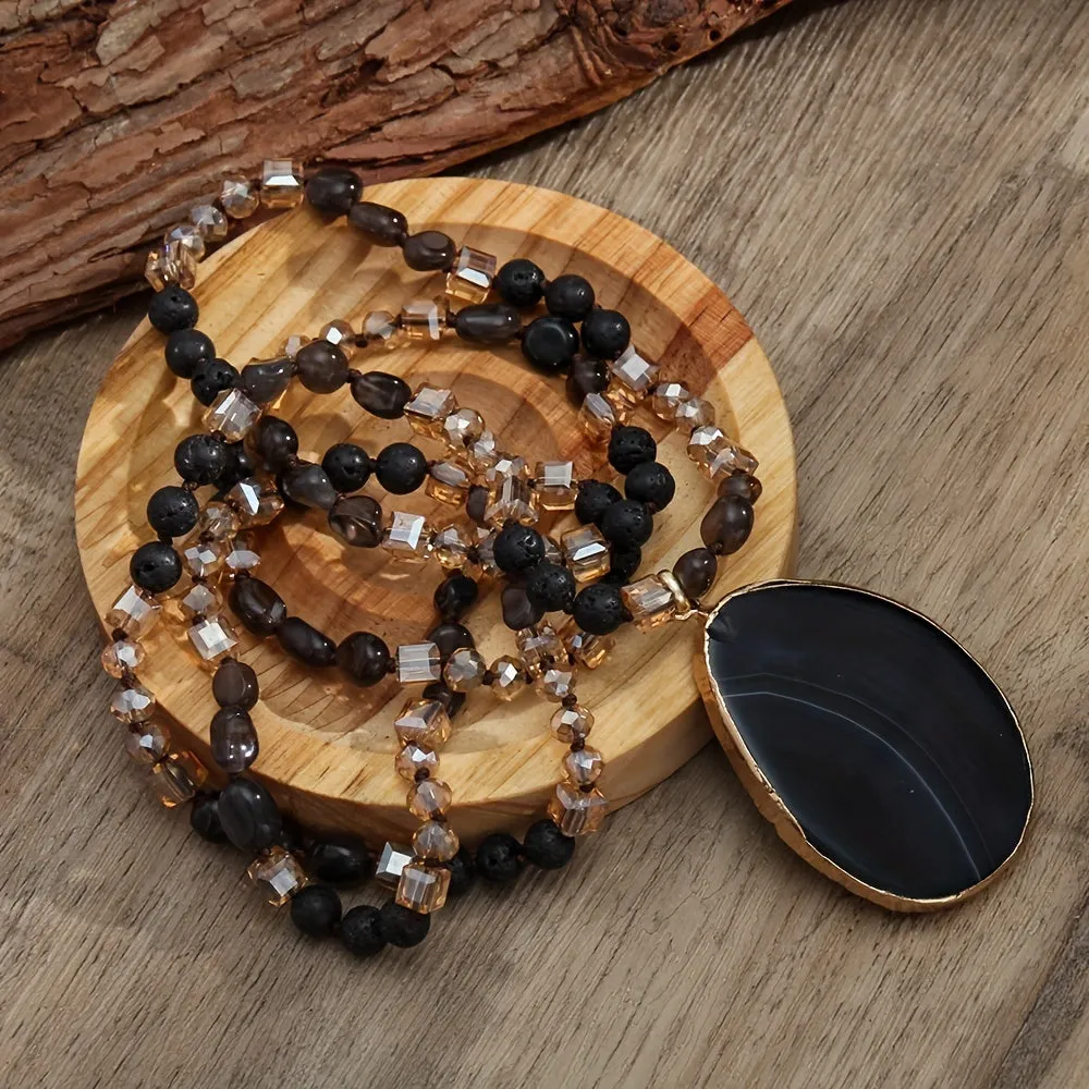 Bohemian natural stone agate water drop pendant necklace with glass beads, available in multiple colours