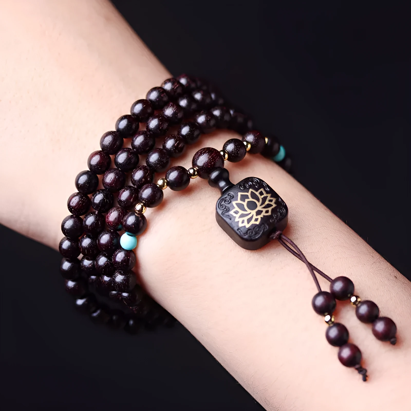 Zambia rosewood Buddha beads bracelet with 108 wooden beads and flat lotus pendant