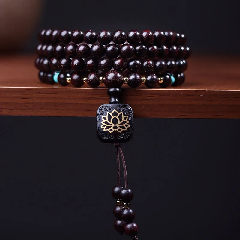 Zambia rosewood Buddha beads bracelet with 108 wooden beads and flat lotus pendant