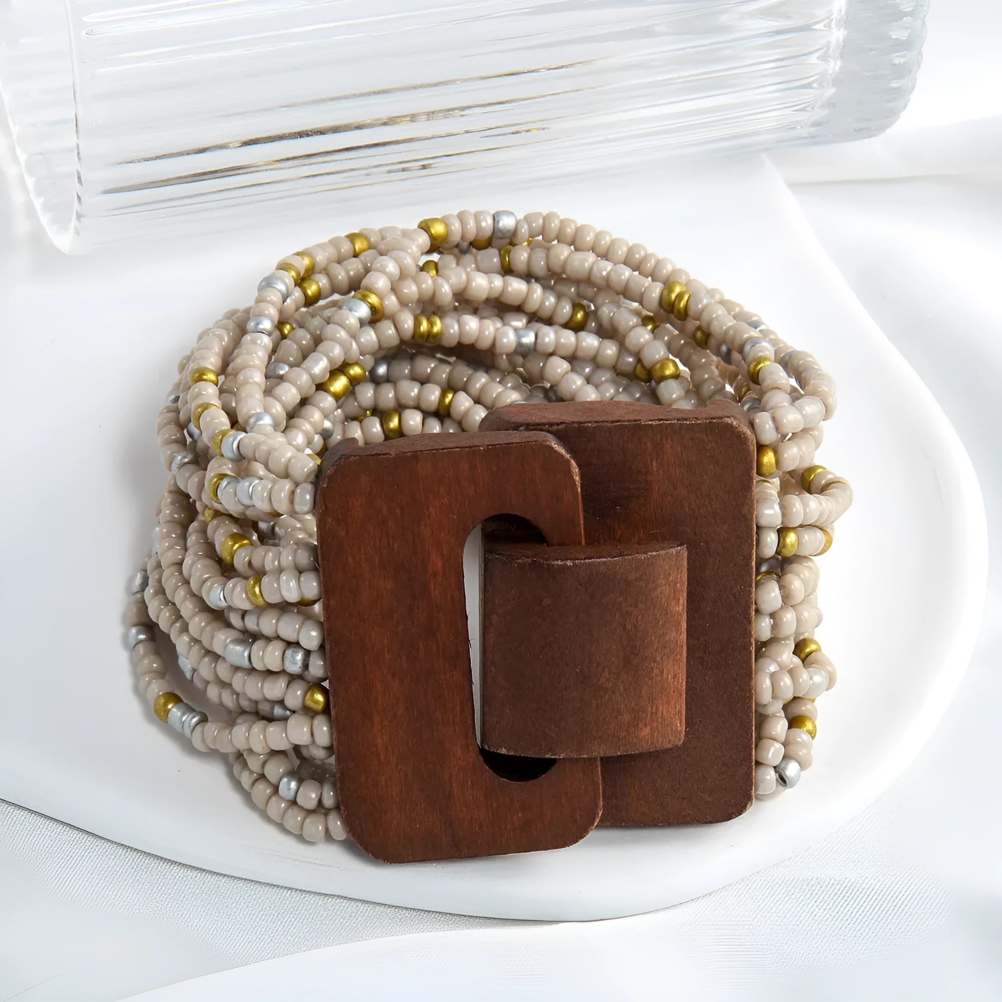 Handmade multi-layer elastic bracelet with rice-shaped glass and coloured glaze beads in geometric quadrilateral pattern, six colour options