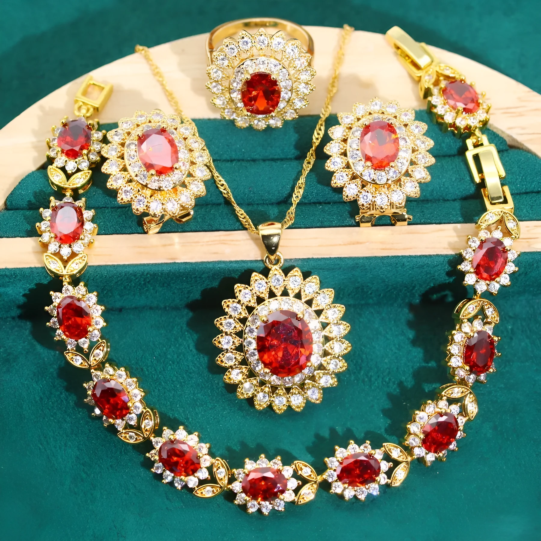 European and American style jewellery set with alloy pendant, water wave chain, inlay finish, earrings necklace ring bracelet