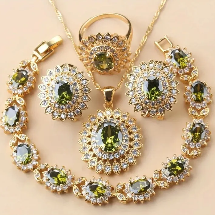 European and American style jewellery set with alloy pendant, water wave chain, inlay finish, earrings necklace ring bracelet