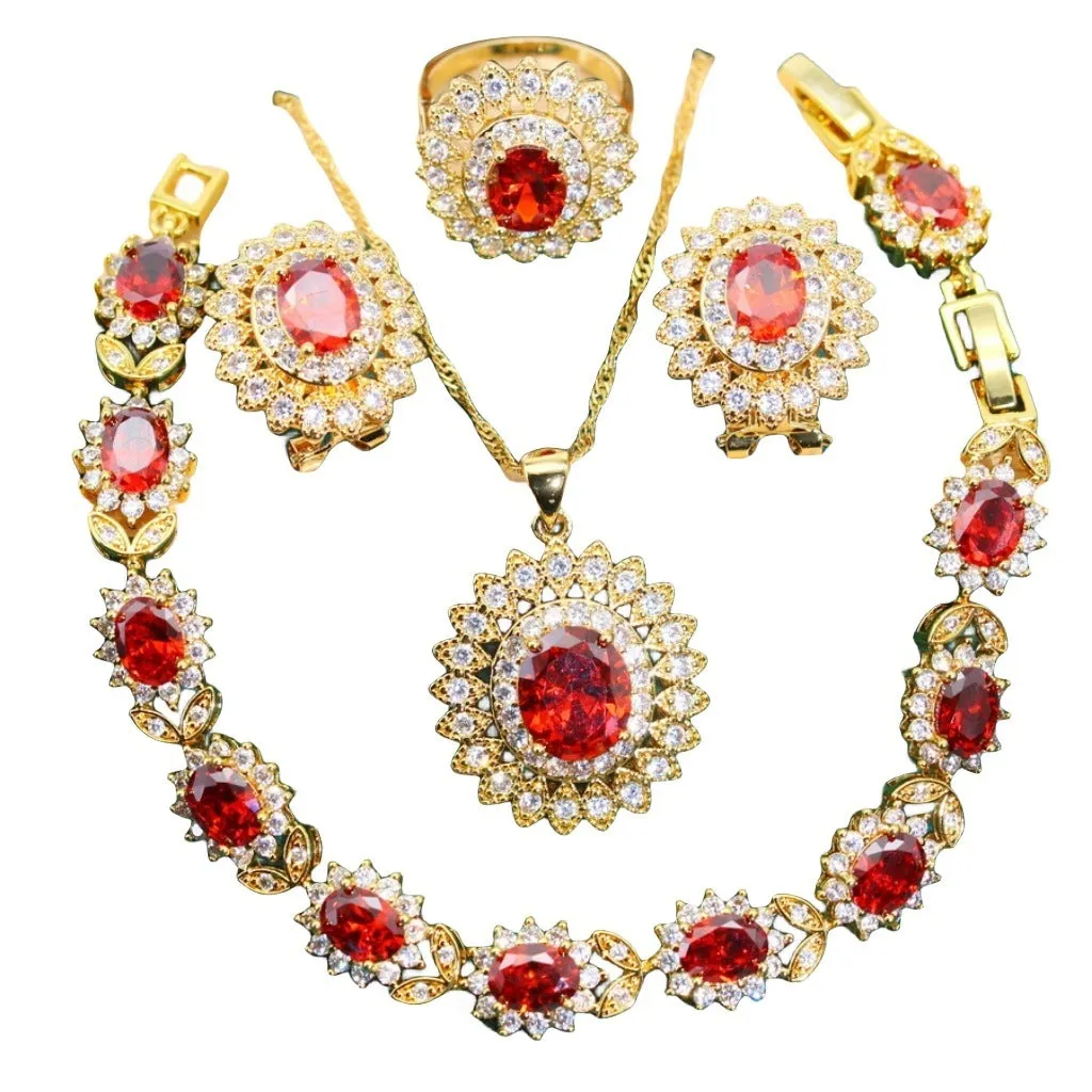 European and American style jewellery set with alloy pendant, water wave chain, inlay finish, earrings necklace ring bracelet