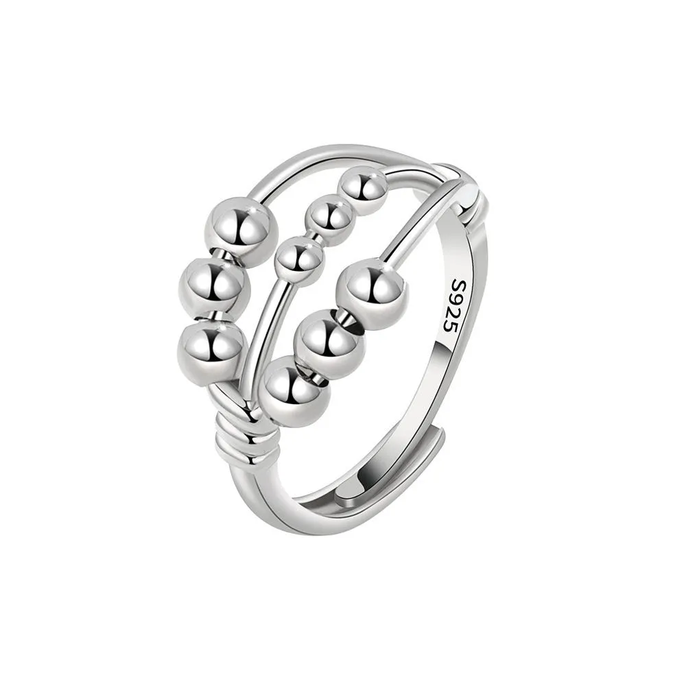 Open adjustable copper ring with three-layer beaded texture and white gold electroplated finish for women