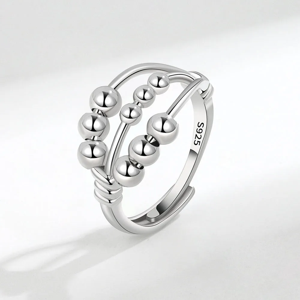 Open adjustable copper ring with three-layer beaded texture and white gold electroplated finish for women