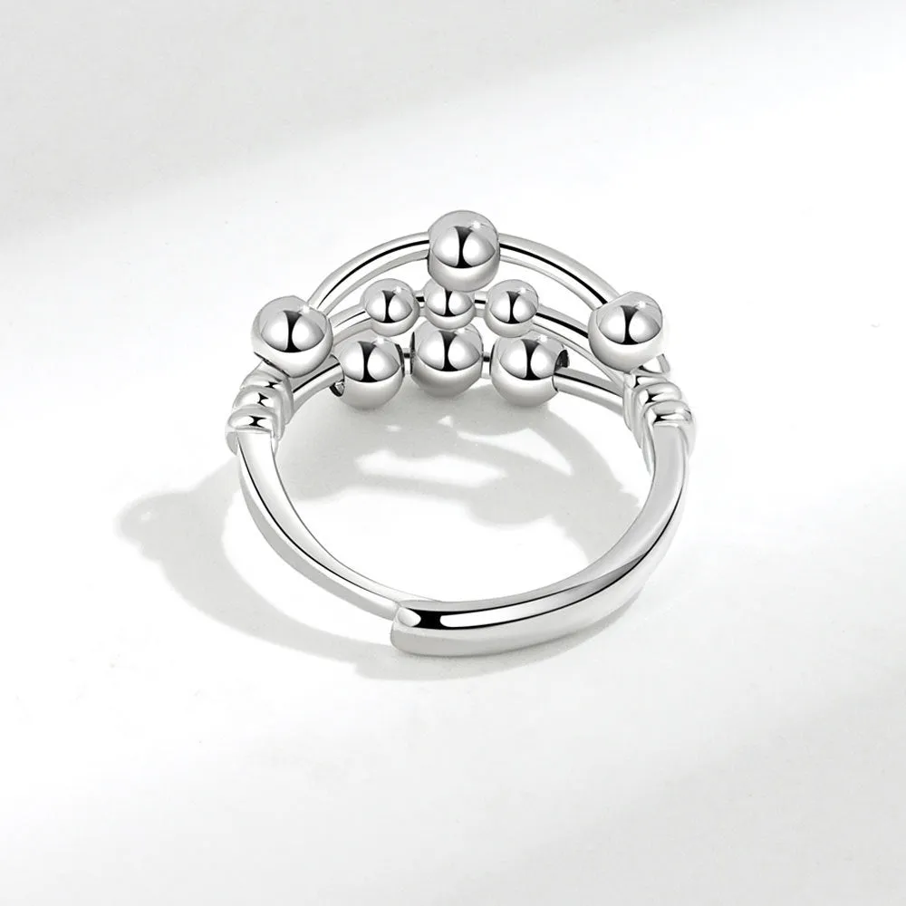 Open adjustable copper ring with three-layer beaded texture and white gold electroplated finish for women
