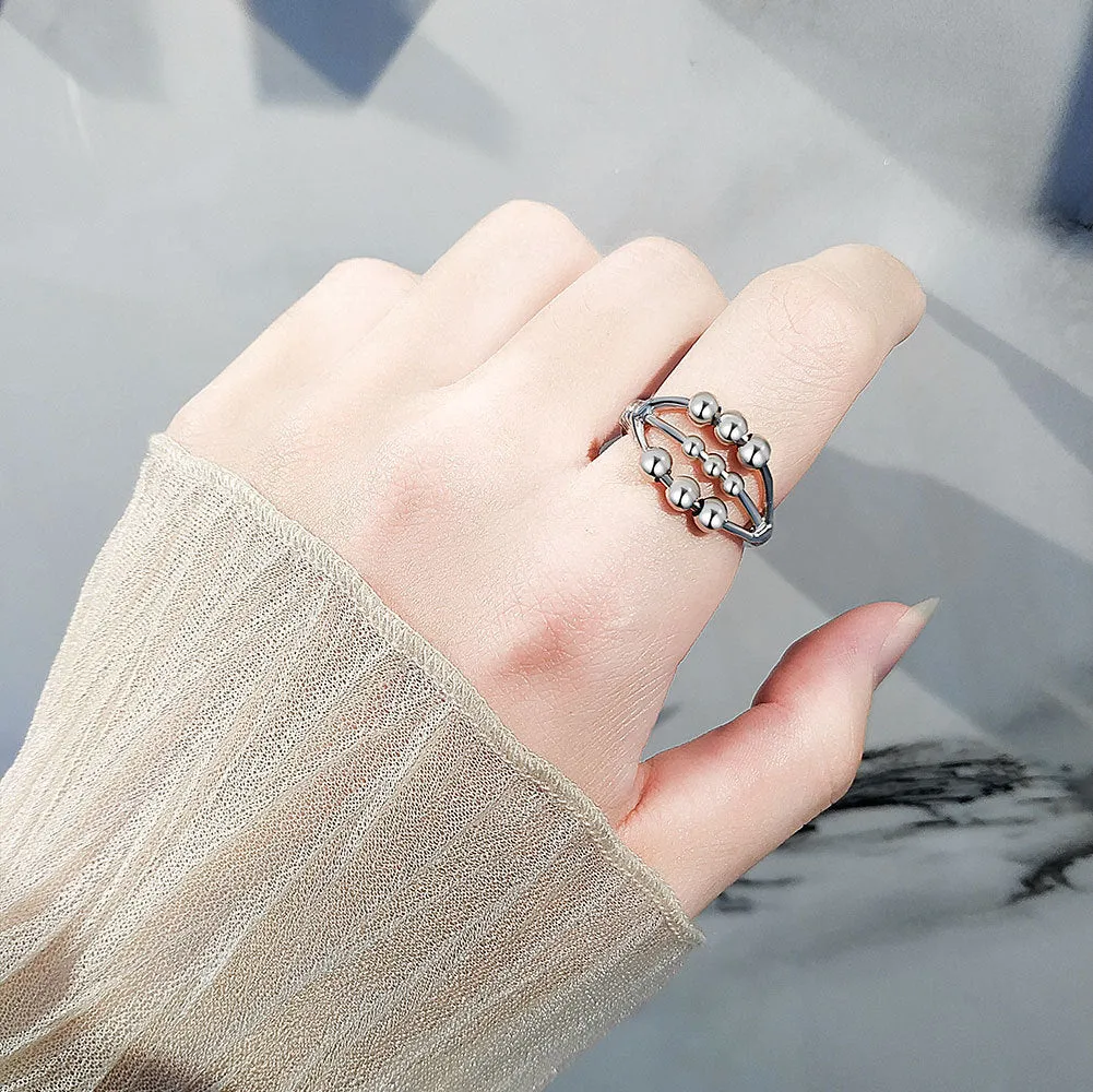 Open adjustable copper ring with three-layer beaded texture and white gold electroplated finish for women