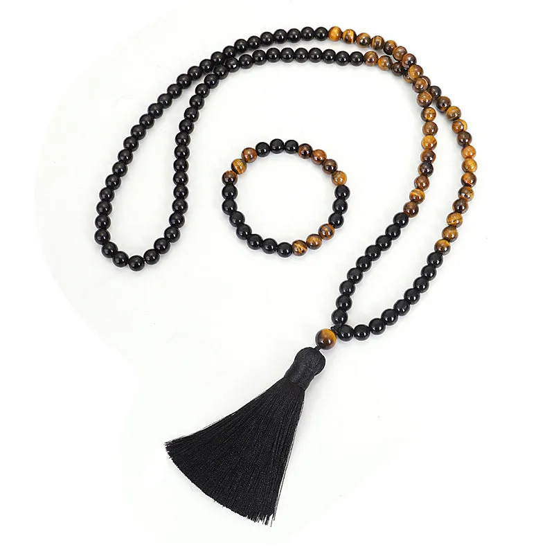 Tiger eye stone tassel necklace and bracelet set with ball bead chain and drop pendant