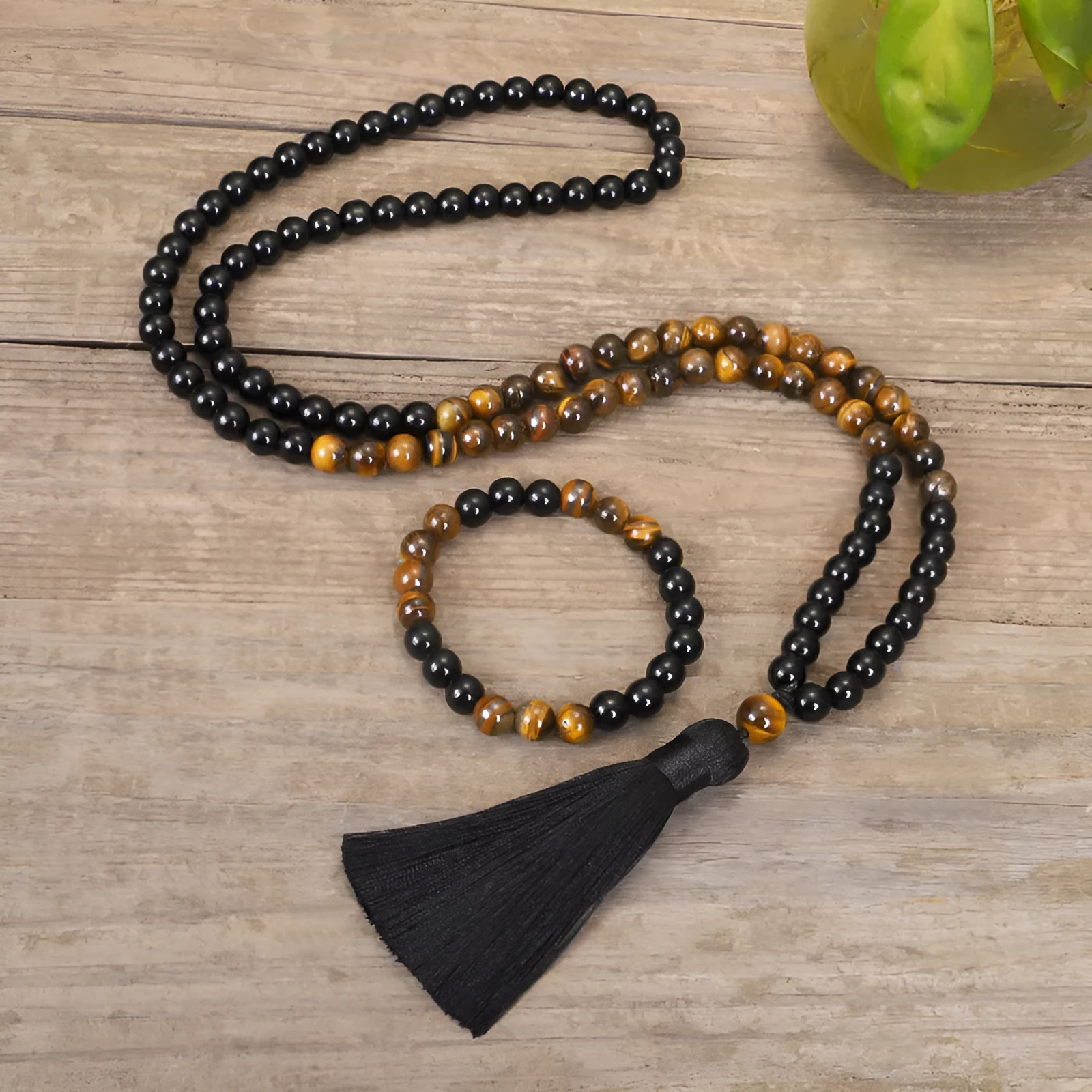 Tiger eye stone tassel necklace and bracelet set with ball bead chain and drop pendant
