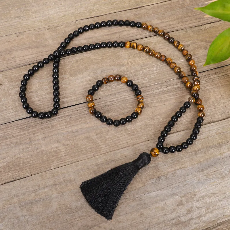 Tiger eye stone tassel necklace and bracelet set with ball bead chain and drop pendant