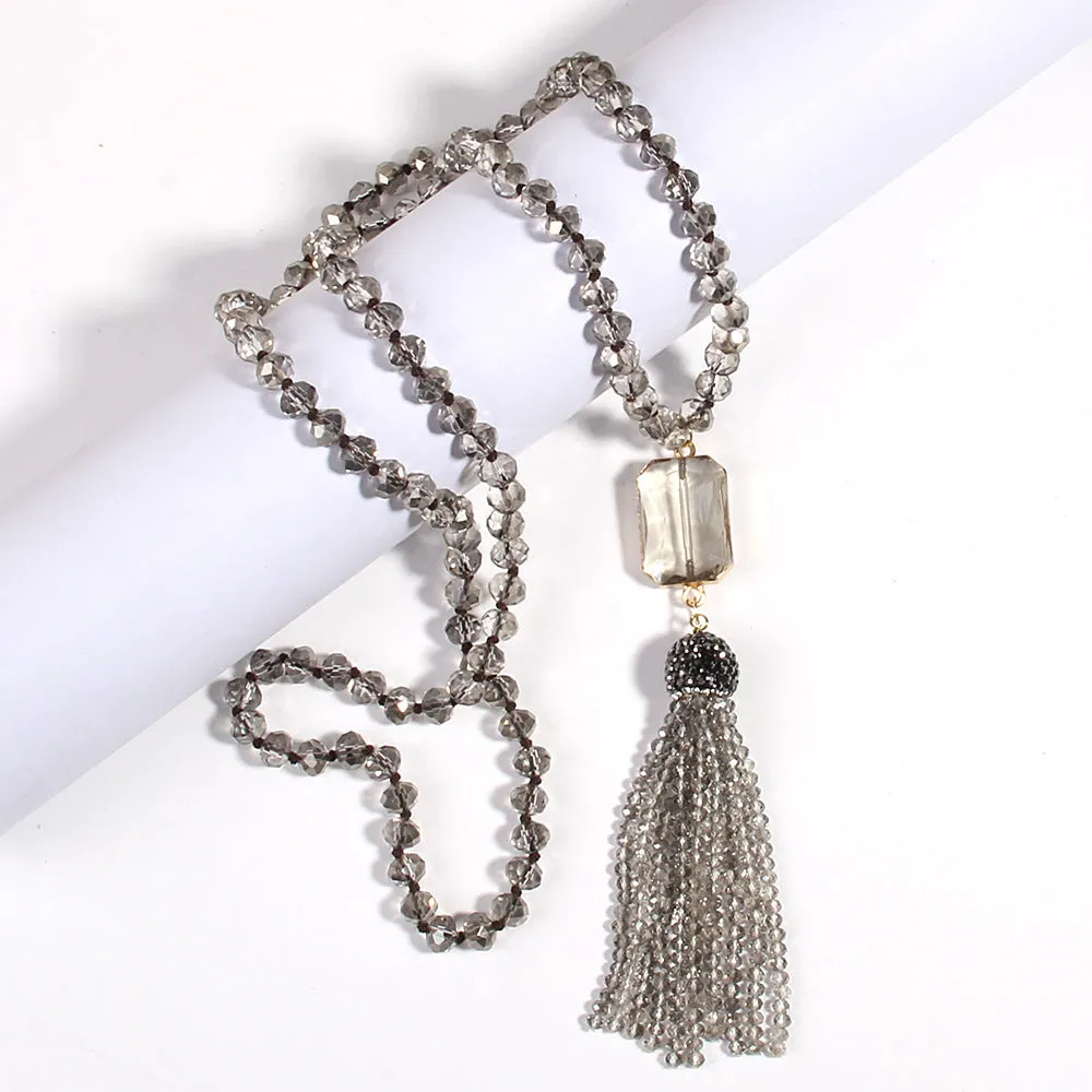Square glass pendant necklace with glass tassel, electroplated finish, knot chain, 81cm length, bohemian style