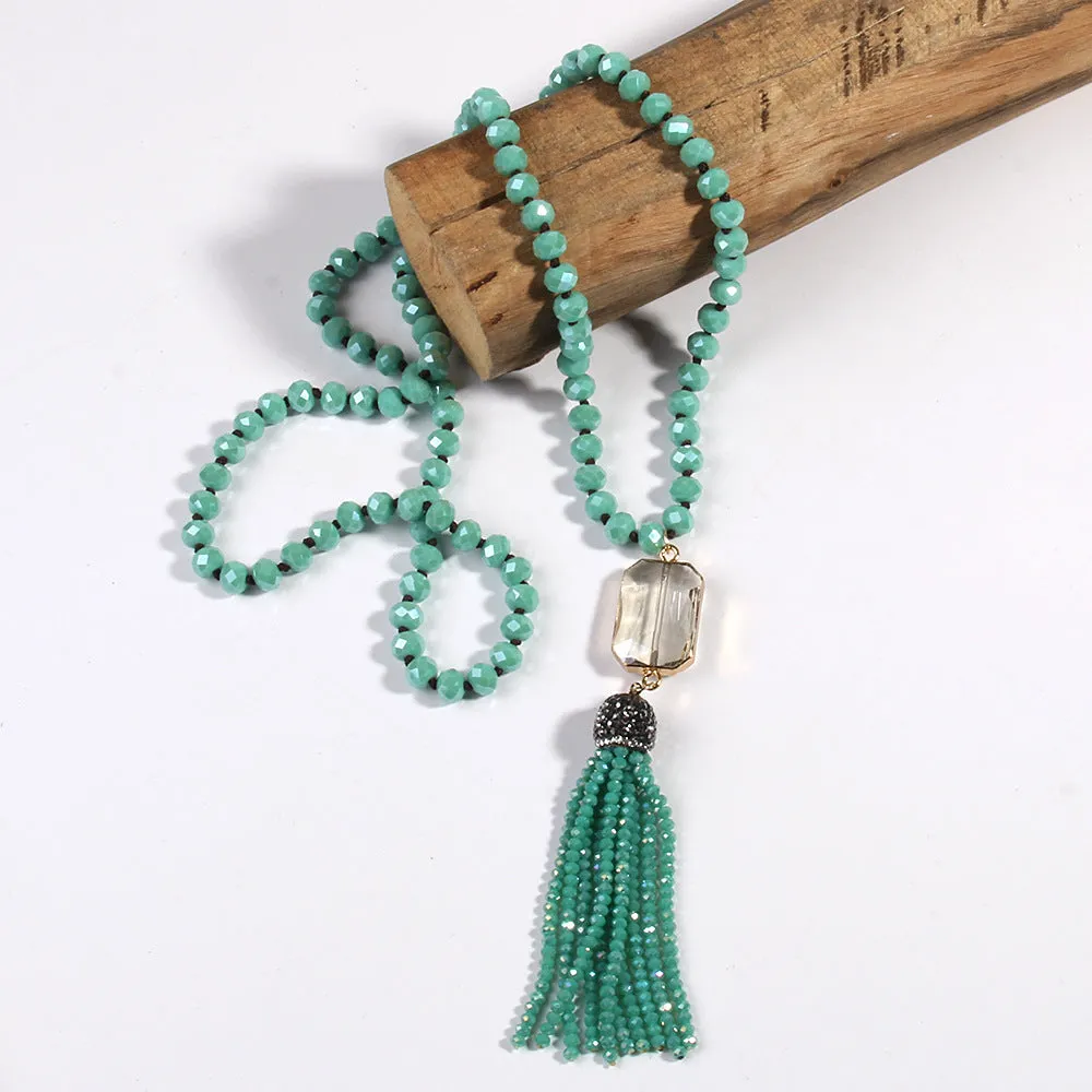 Square glass pendant necklace with glass tassel, electroplated finish, knot chain, 81cm length, bohemian style