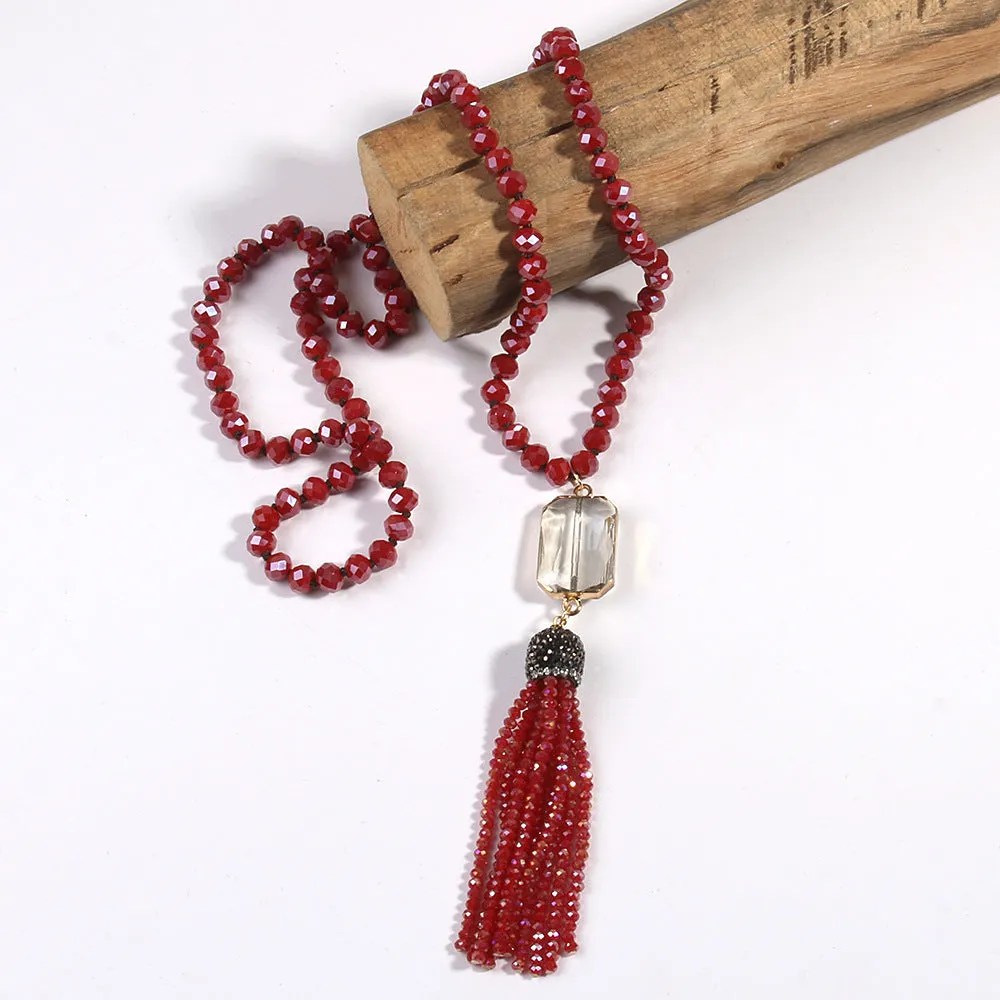 Square glass pendant necklace with glass tassel, electroplated finish, knot chain, 81cm length, bohemian style