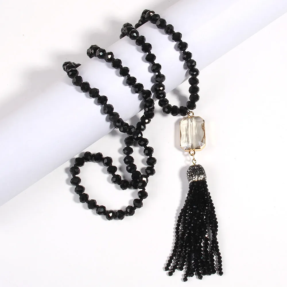 Square glass pendant necklace with glass tassel, electroplated finish, knot chain, 81cm length, bohemian style
