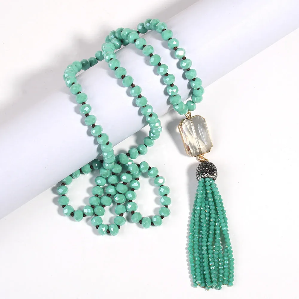 Square glass pendant necklace with glass tassel, electroplated finish, knot chain, 81cm length, bohemian style